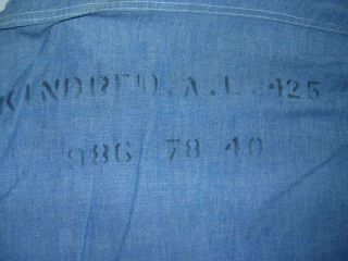 WW2 chambray USN work shirt denim Long Sleeve Name Stenciled US Navy Size 15 3