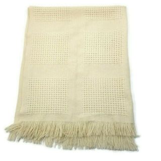 Vintage Faribo 100 Wool Blanket 46 X 56 Fringed Lap Throw Cream Woven Squares