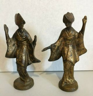 Pair Vintage Cast Iron Mid - Century Figure Japanese Geisha Statue Dancers Kimonos
