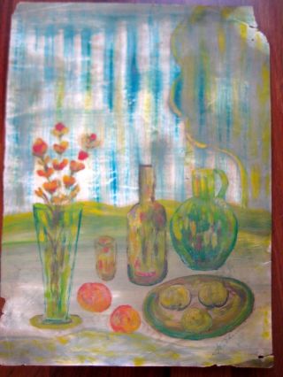 Antique Or Vintage Israel Jewish Russian Painting Stillife Mixed Media Signed