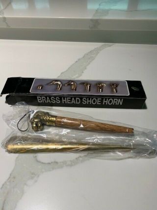 Vtg Solid Brass Lions Head Shoe Horn Wood Shaft Handle Box