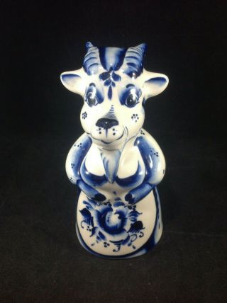 Vintage Russian Gzhel Blue White Porcelain Hand Made Painted Goat Figurine 6 "