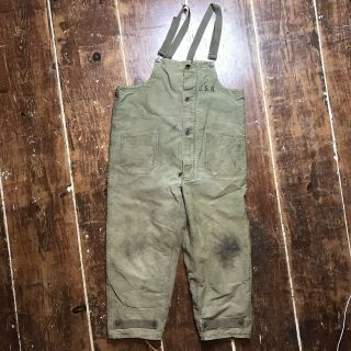 Vintage 40s Wwii Us Navy Deck Overalls Xl Od Green Canvas Usn Cold Weather Pants