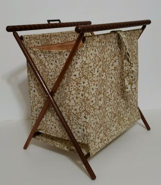 Vintage Knitting Sewing Yarn Cloth Bag Folding Wood Frame Basket Mcm