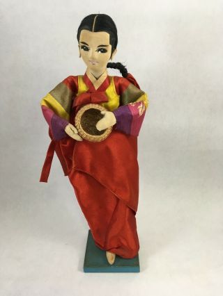Vintage Korean Painted Cloth Doll Red Dress Signed Song Kwang 11.  5 " Figurine