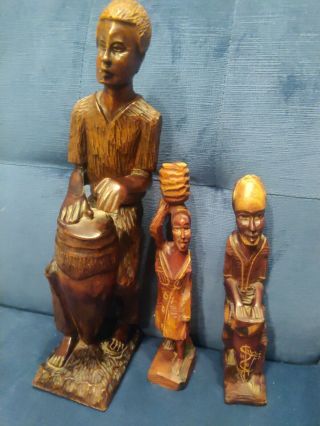 Vintage African Wood Statue 3 Hand Carved Folk Art Dark Wood Tribal Figures