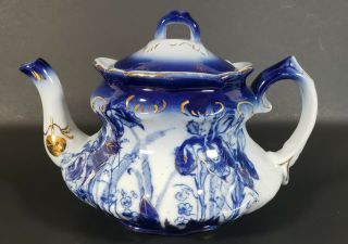 Victoria Ware Ironstone Flow Blue White Gold Iris Floral Teapot Vintage