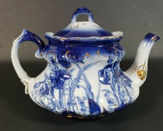 Victoria Ware Ironstone Flow Blue White Gold Iris Floral Teapot Vintage 2