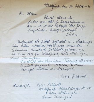Letter By German Wife To Russian Colonel - Husband Missing In Stalingrad