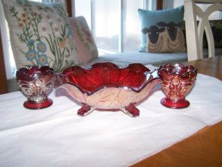 Vintage Imperial Carnival Glass Red Acanthus Footed Compote 2 Candle