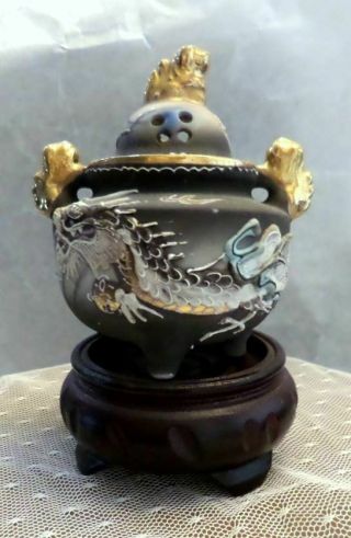 Vintage Moriage Dragon Ware Hand - Painted Porcelain Incense Burner Wood Pedestal