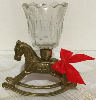 Vintage Brass Rocking Horse Candle Holder With Glass Toper