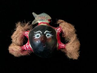 Vintage Mexican Coconut Mask Folk Art Hand Painted Face,  Fish On Head Straw Hair