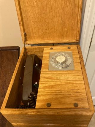 Vintage Rotary Desk Phone In Oak Box W/retractable Handset