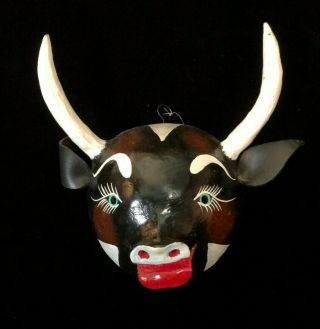 Vintage Mexican Coconut Mask Folk Art Hand Painted Bull Horns And Rubber Ears