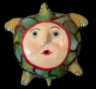 Vintage Mexican Coconut Mask Folk Art Hand Painted Face Framed With Turtle
