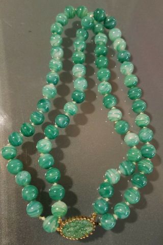 Vintage Signed Jomaz Faux Jade And Peking Swirl Glass 2 Row Necklace