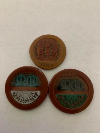 3 Monte Carlo Gambling Chips.  (2) 20 Franc (1) 10 Franc Vintage 1920 - 1940