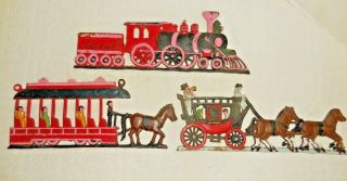 3 Vintage Cast Iron Wall Plaques Set Train,  Stagecoach & Trolley Painted