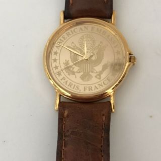 Vintage American Embassy Paris France Gold Eagle Watch With Leather Band