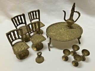 Vintage Brass Miniature Dollhouse Furniture Table Chairs Pitcher Goblets Set