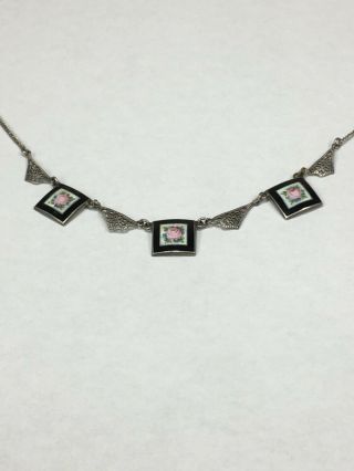 Vintage Sterling Silver And Enamel Necklace With Filigree Design 19 Inches