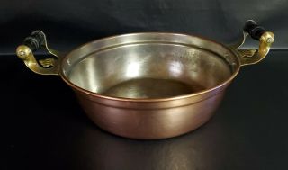 Vintage Round Copper Pot With Wood And Brass Handles.  9 " Diameter,  2 7/8 " Deep.
