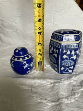 Vintage Miniature Lidded Chinese Blue & White Ginger Jars Set Of 2