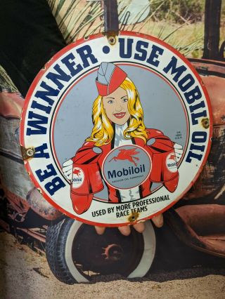 Old Vintage Dated 1952 Mobiloil Race Gasoline Porcelain Gas & Oil Sign Mobilgas