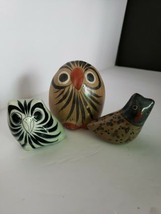 Set Of 3 Tonala Mexican Pottery Owls One Signed