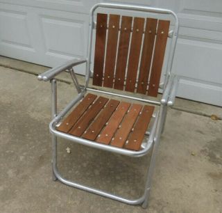 Vintage Folding All Aluminum Lawn Chair W Redwood Slats
