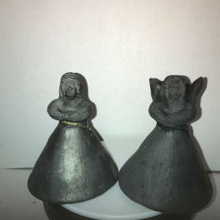 2 Vintage Angel Bell Oaxaca Black Clay Mexican Pottery Primitive Folk Art