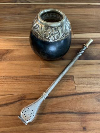 Vintage Argentina Alpaca Silver Gourd Yerba Mate Cup With Bombilla Straw