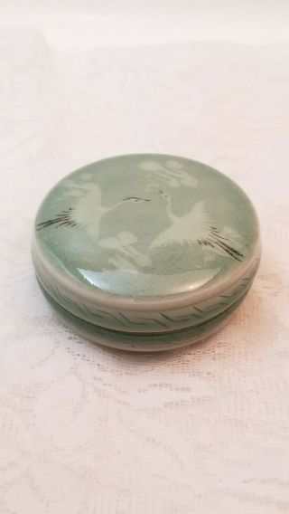 Celadon Porcelain Covered Lidded Jar Case Box Kogo Crane Bird