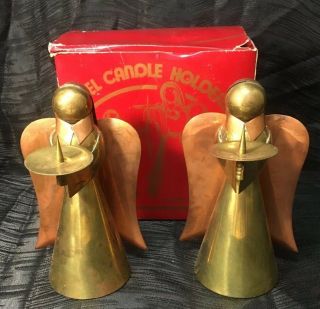 Vintage 6 " Copper And Brass Angel Candle Holders Set Of 2 Figurines Pair