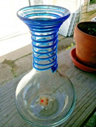 Vintage Blenko Hand Blown Glass Vase Clear With Blue Swirl 9 "
