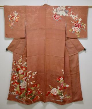 Japanese Kimono Silk Antique Houmongi / Bird & Flower / Embroidery / Vintage