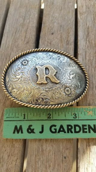 Vintage Montana Silversmiths Name Letter Initial R Silver Plate Belt Buckle