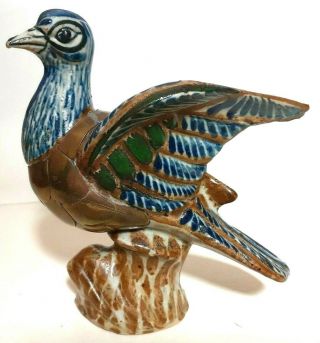 Vintage Ceramic And Brass Blue Bird Figurine Mexico Pottery Folk Art