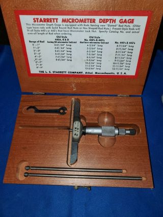 Vintage Starrett No.  445 Micrometer Depth Gauge W/ Rods In Wooden Case