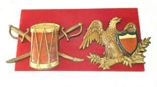 Vintage 2pc Sexton Cast Iron Wall Plaques Drum & Crossed Swords & Eagle & Crest