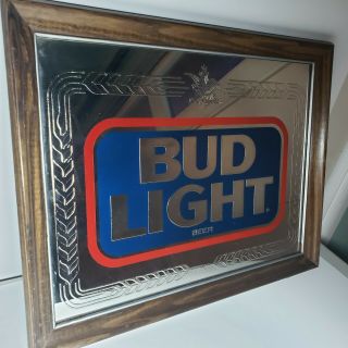Vintage Bud Light Mirror Sign With Wood Frame 1980s Anheuser Busch 801 - 210
