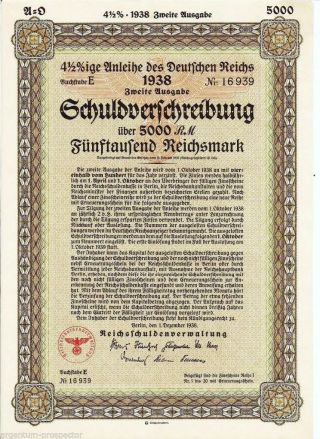 5000 Rm German War Bond Cert Wwii (very Limted Edition) - Cv $299.  95
