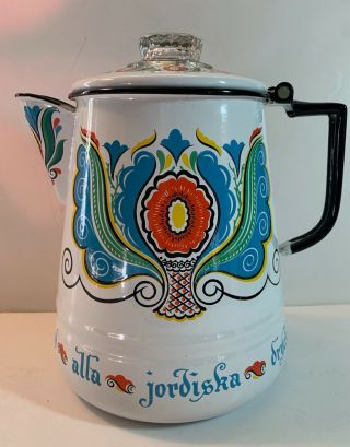 Vintage Swedish Berggren Porcelain Enamelware Coffee Pot Percolator Folk Art