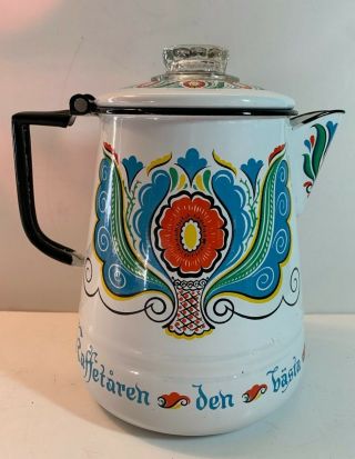 Vintage Swedish Berggren Porcelain Enamelware Coffee Pot Percolator Folk Art 2