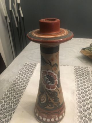 Vintage Mexican Tonala Pottery Candle Holder - Hand Painted - Folk Art 12 "