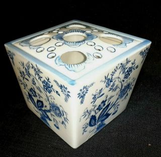 Vintage Blue And White Porcelain Bulb Vase 5.  25 " Square Flower Brick Delftware