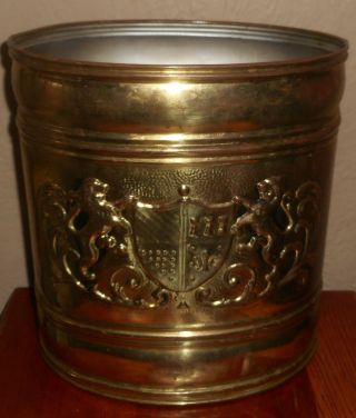 Vintage Brass Lombard England Trash Waste Basket Can Lions Shield Coat Of Arms