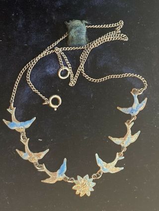 Gorgeous Vintage Sterling Silver Enamel Bluebird Pendant Necklace For Repair