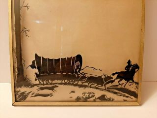 Vintage Cowboy Western Silhouette Reverse Painted Convex Glass Covered Wagon 3